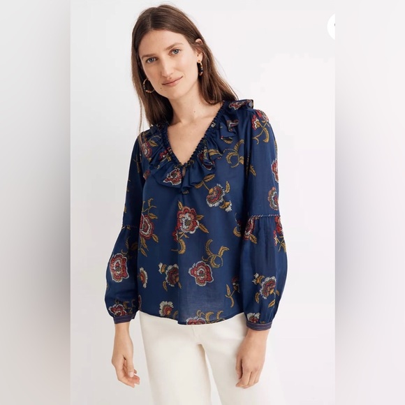 Madewell X Warm Ruffle Collar Top In Honolulu Hibiscus - Picture 2 of 7